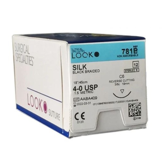 LOOK™ Silk Black Braided  Reverse Cutting 19mm 3/8 Circle 4-0 / 18”/45cm / 12/box