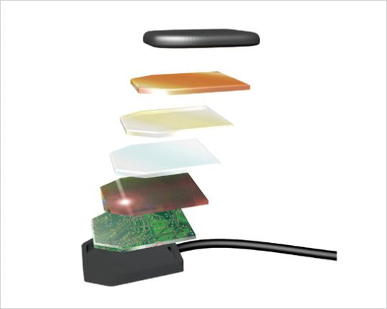 Cross-sectional view of a device with layers including a circuit board on a white background