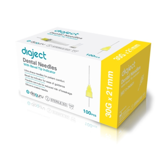Diaject Dental Needles with Bevel Tip Indicator - Various Sizes 30 G x 21 mm; Yellow
