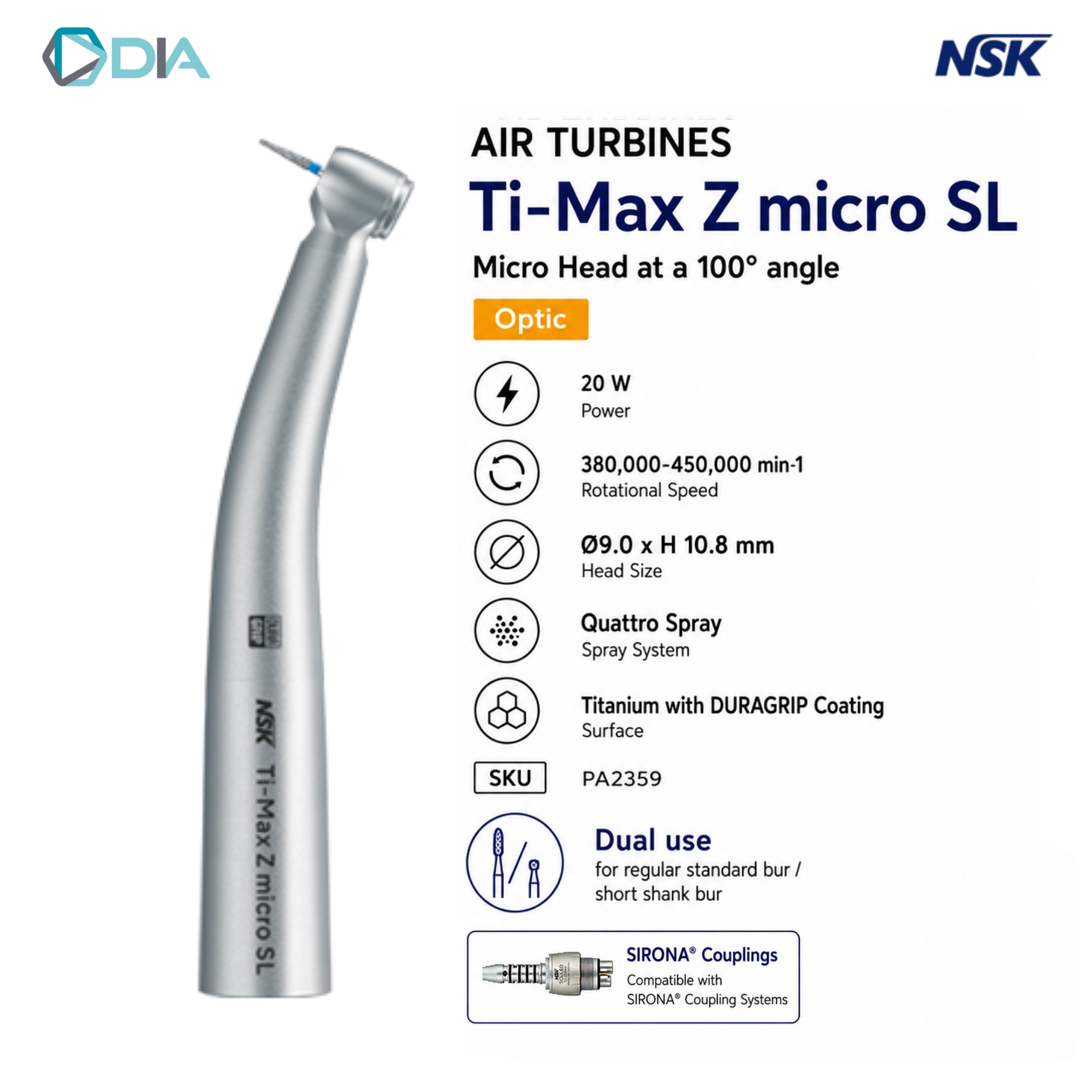 NSK Ti-Max Z micro SL Titanium High speed handpiece Optic Micro Head For Sirona Coupling
