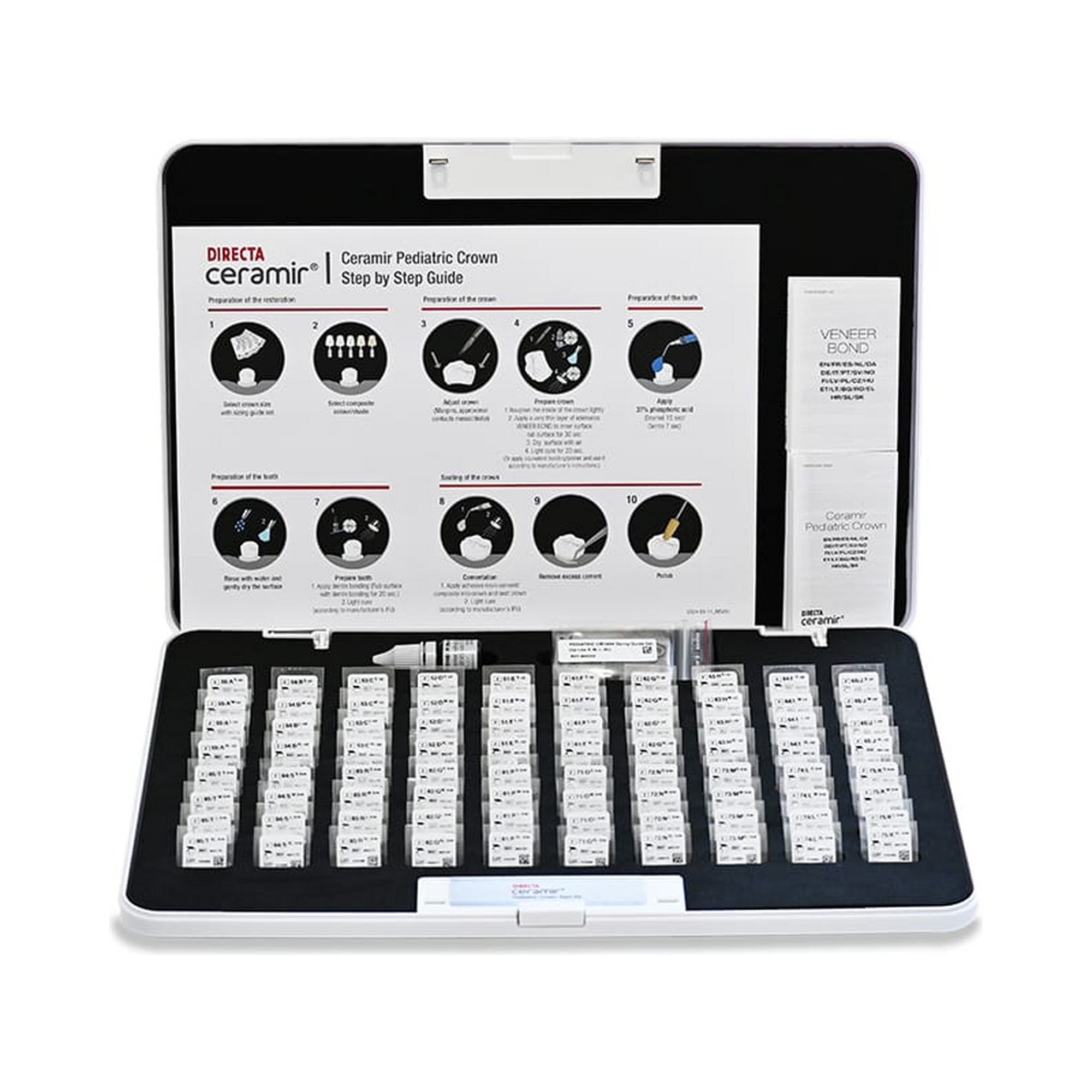 Directa Ceramir Ceramir Pediatric Crown Start Kit Complete: 80 Pediatric Crowns (Full Arch – 4 sizes: S, M, L, XL), 1 Ceramir Primer, 1 Sizing Guide