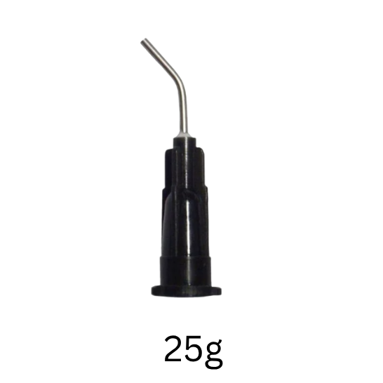 Black dental needle with metal tip labeled '25g' - Dental Installations (Aust) Pty Ltd