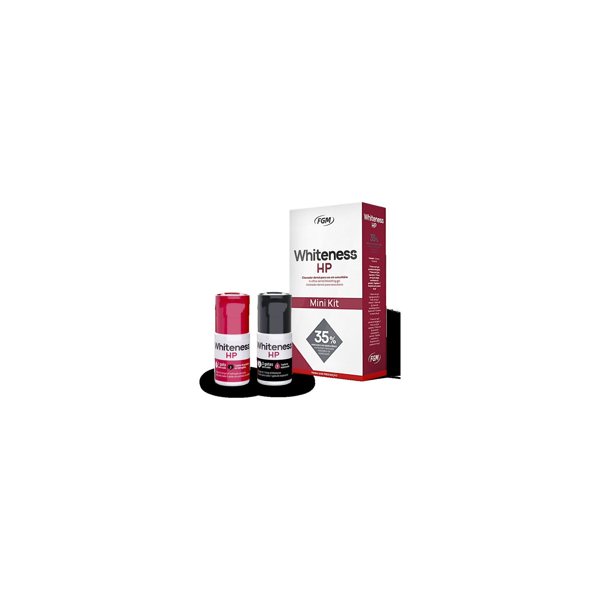 FGM Dental Whiteness HP 35% – Mini Kit for 6 applications – 1x 4g bottle 35% Hydrogen Peroxide + 1x 2g bottle Thickener + 1x 2g bottle Neutralize + 1x spatula + 1x container for gel preparation