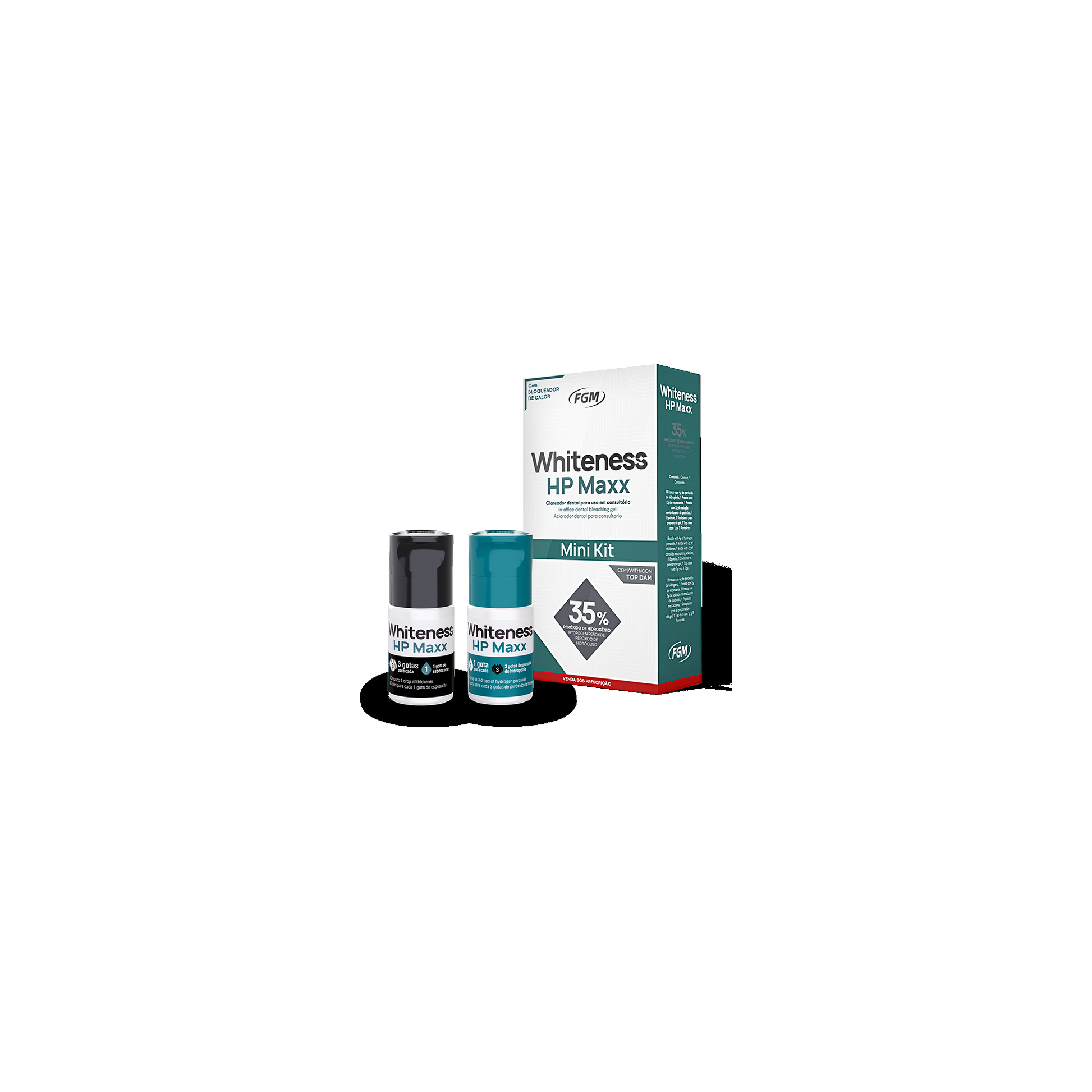 FGM Dental Whiteness HP Maxx 35% – Mini Kit for 6 applications – 1x 4g bottle 35% Hydrogen Peroxide + 1x 2g bottle Thickener + 1x 2g bottle Neutralize + 1x spatula + 1x container for gel preparation +1x 1g syringe Topdam + tips