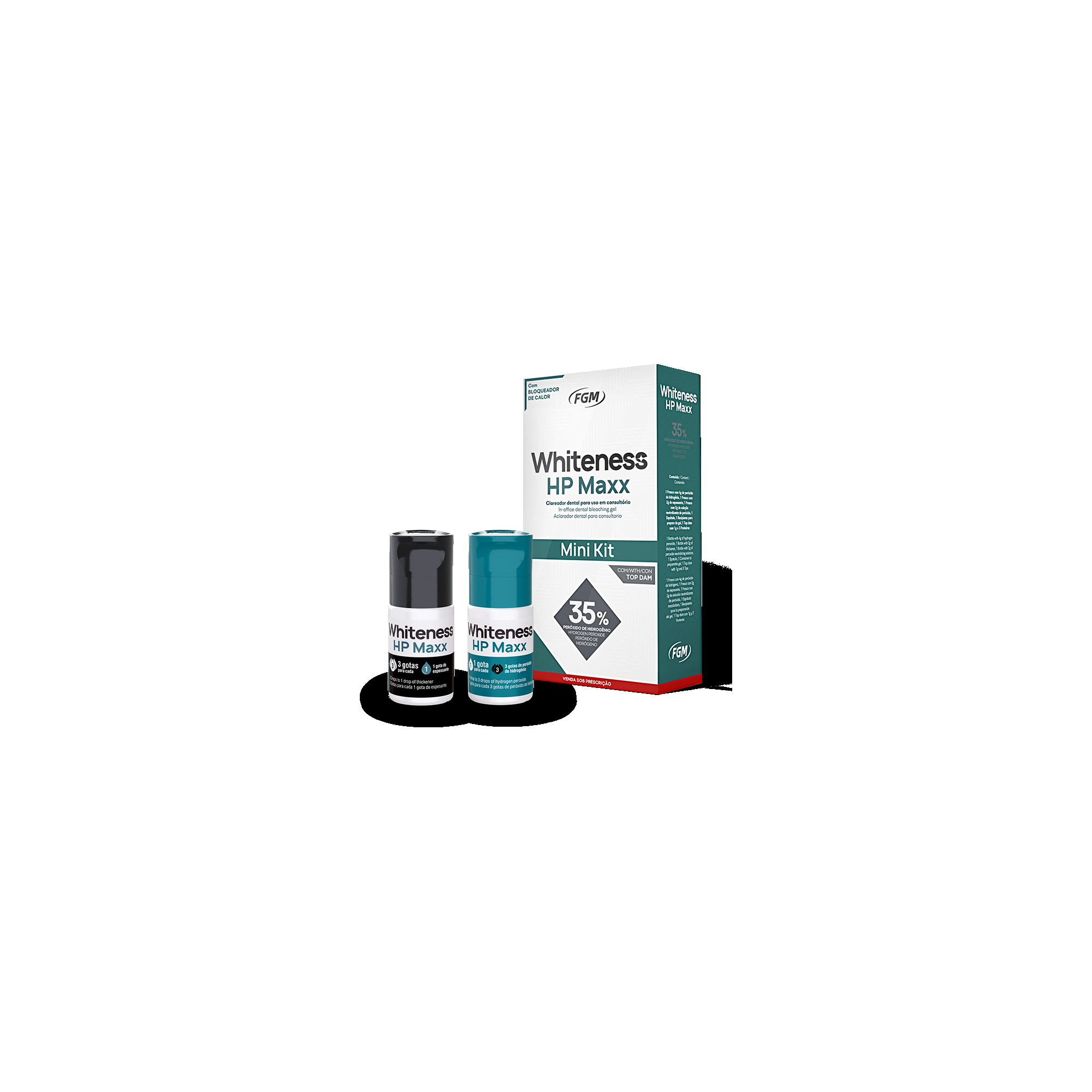 FGM Dental Whiteness HP Maxx 35% – Mini Kit for 6 applications – 1x 4g bottle 35% Hydrogen Peroxide + 1x 2g bottle Thickener + 1x 2g bottle Neutralize + 1x spatula + 1x container for gel preparation +1x 1g syringe Topdam + tips