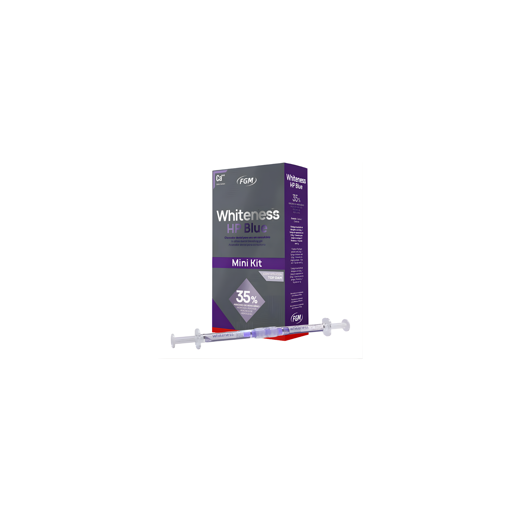 FGM Dental Whiteness HP Blue 35% – Mini Kit – 1x 1.2g couple-type syringe 35% Hydrogen Peroxide + 1x applicator tips + 1x 1g syringe Topdam + 1x coupling adapter