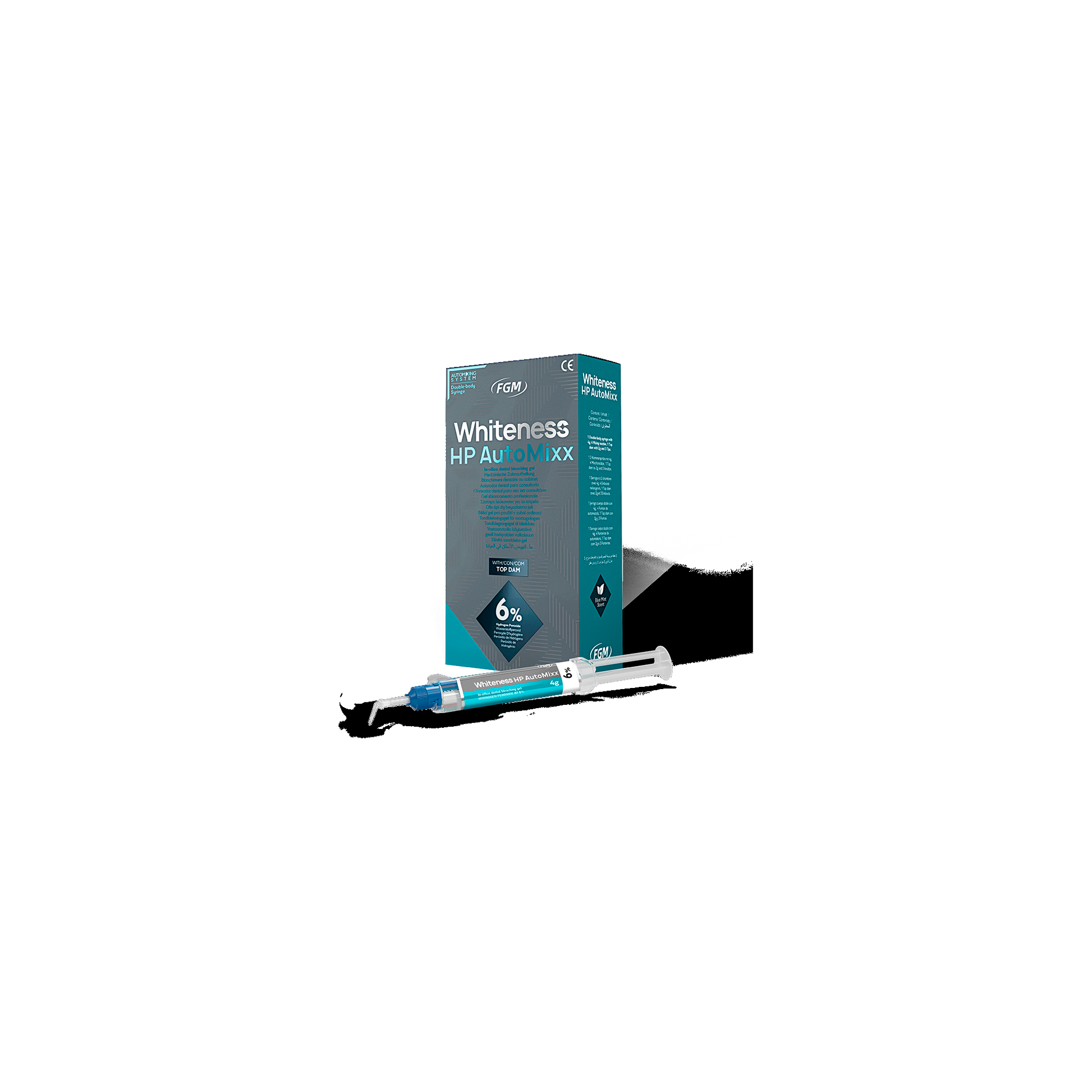 FGM Dental Whiteness HP Automixx 6% – Mini kit – 1x 2g automix syringe 6% Hydrogen Peroxide + 2x self-mixing applicator tips + 1x 1g syringe Topdam