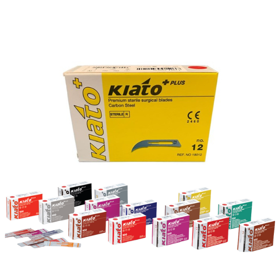 Collection of Klato surgical blade boxes on a white background