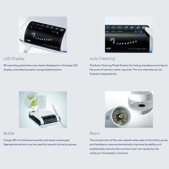 Product display with LED display, auto cleaning, bottle, and resin features on a light gray background.