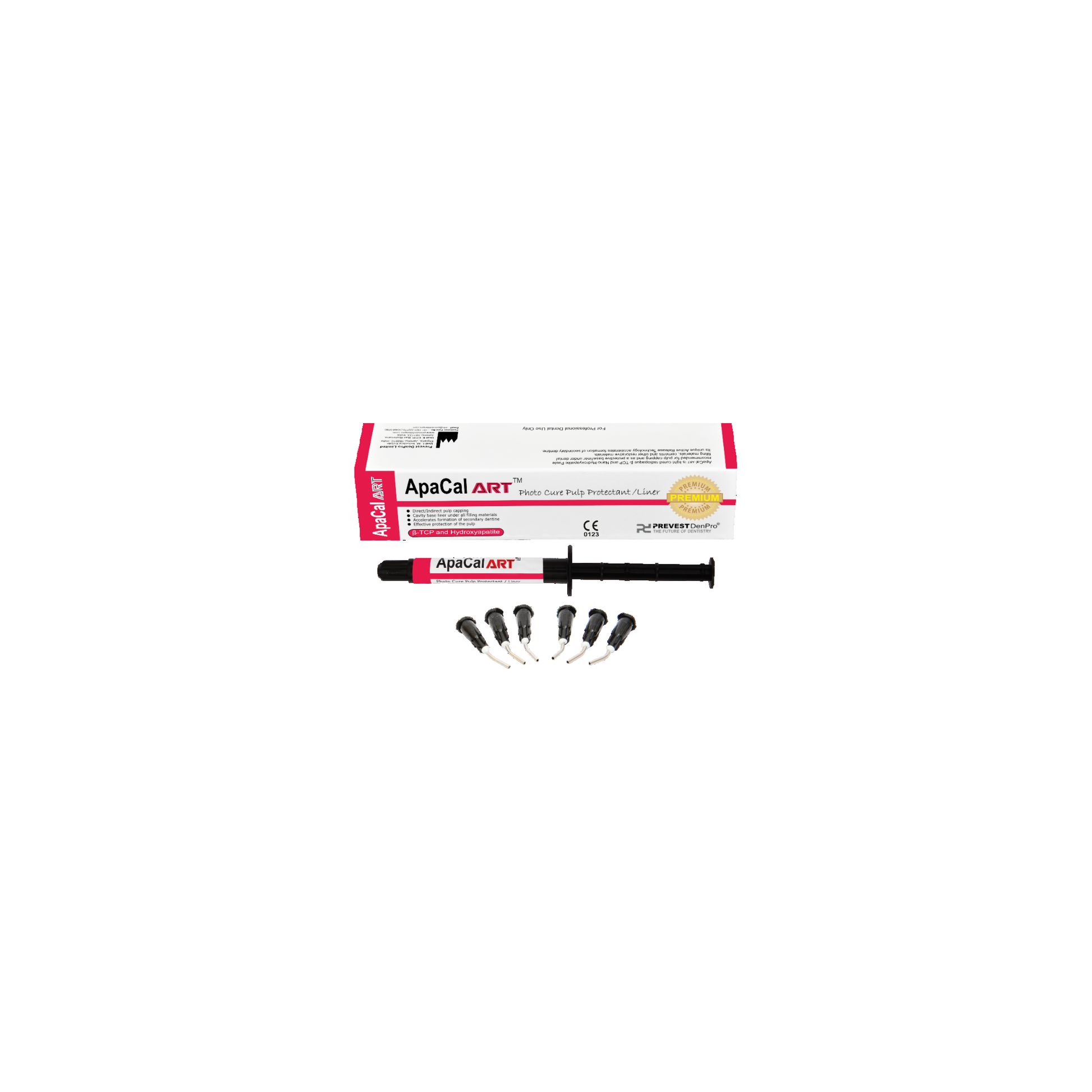 Prevest Denpro ApaCal ART Light cured Pulp Protectant / Liner Intro Pack 2 x 2 g Syringes + 10 Applicator Tips.