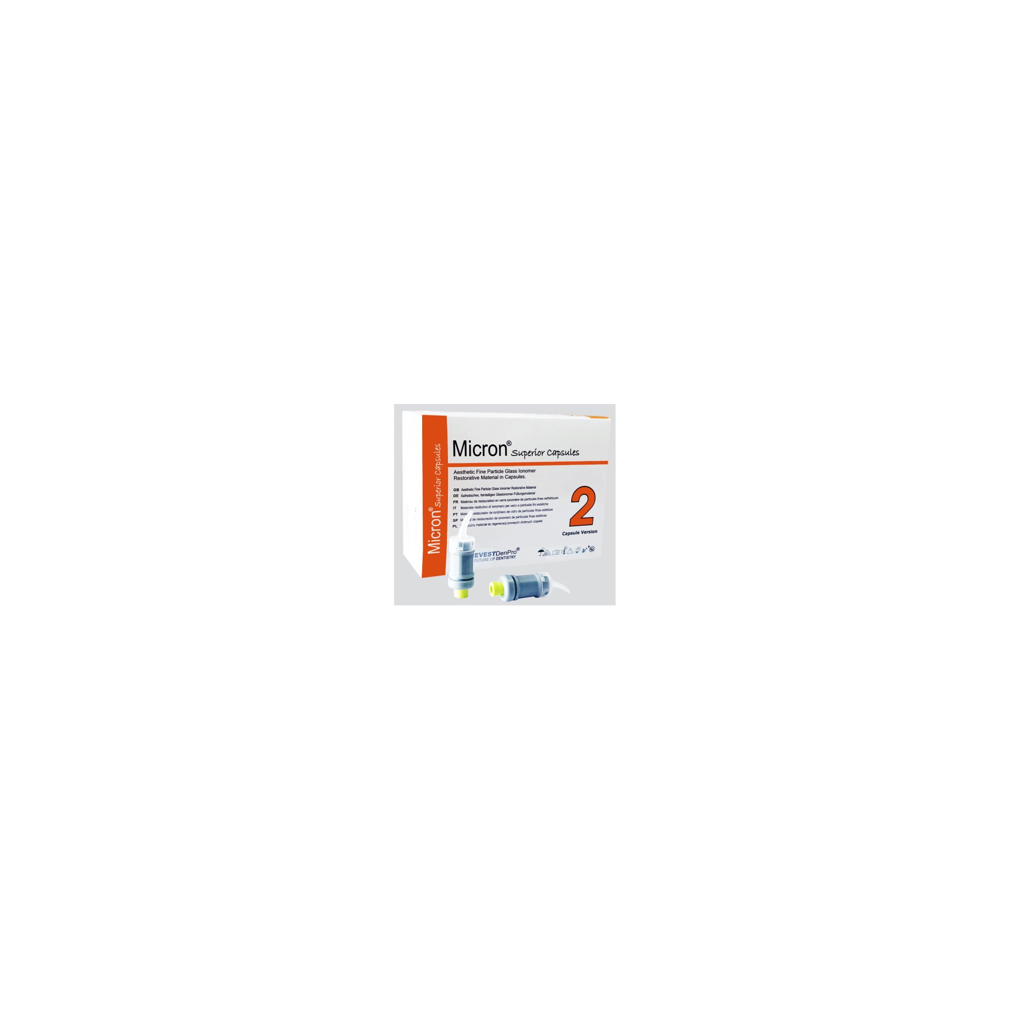 Prevest Denpro Micron Superior Capsules Aesthetic fine particle glass ionomer restorative material in capsules Contents: Box of 10 x Single Shade Capsules, 1 x Instruction Manual