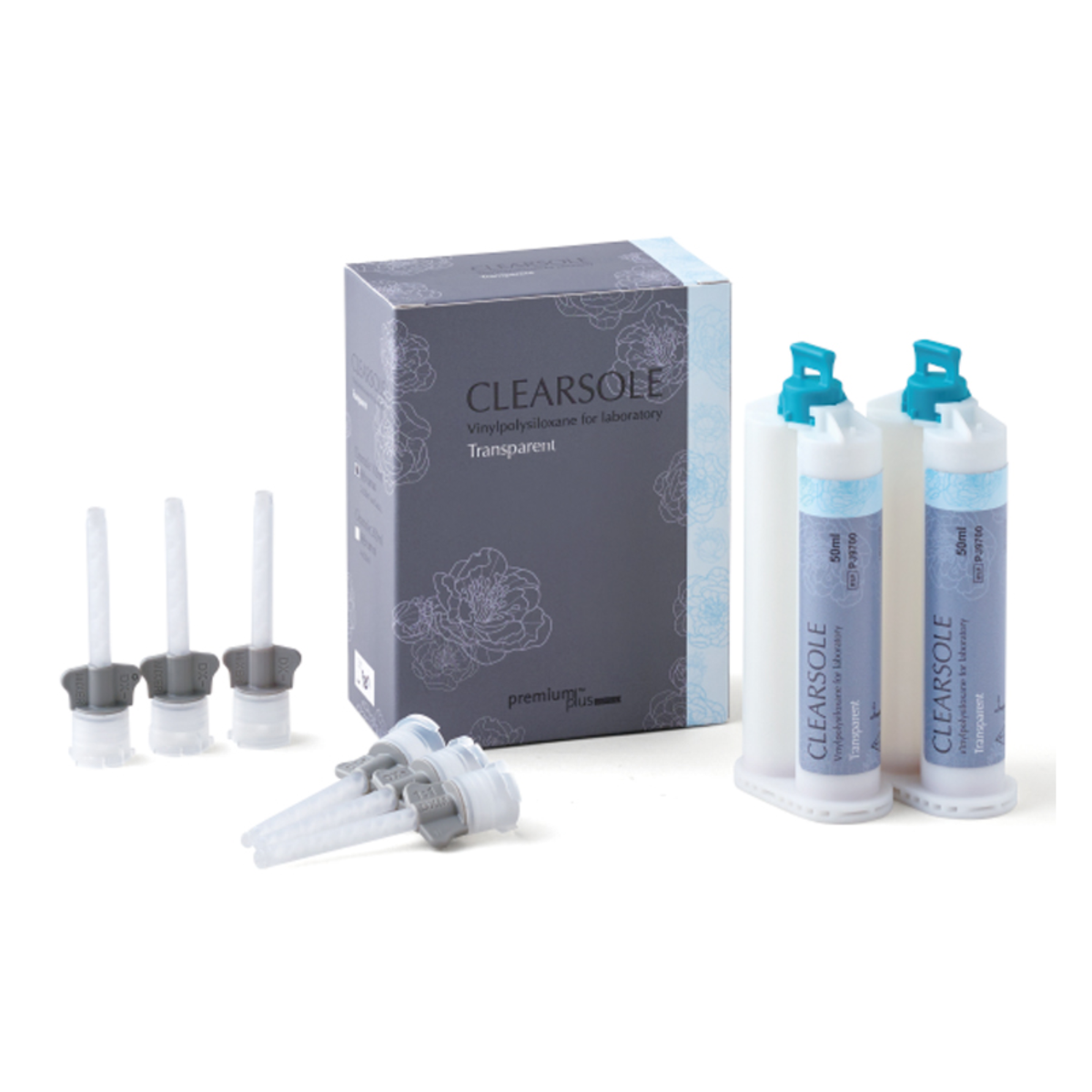 Clearsole Transparens adhesive kit including a dark gray and light blue box, two dual-cylinder adhesive tubes with blue caps, three small clear syringe-style applicators with gray caps, and one larger clear applicator tip, all arranged on a white background.