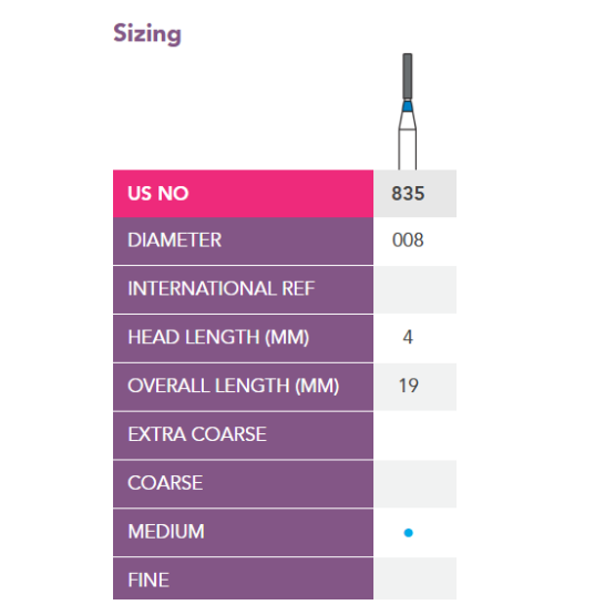 Prima FG Diamond Bur Fissure 835 (Select Size)