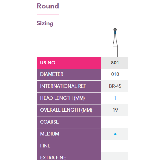 Prima FG Diamond Bur Round 801  (Size Options Available)