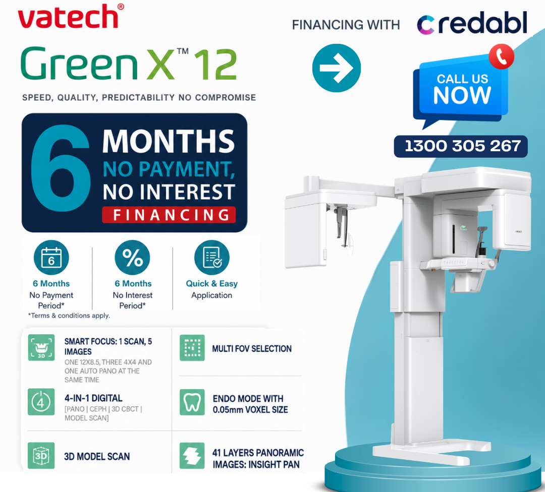 Promotional graphic for the Vatech Green X 12 dental impression scanner, showing the white and blue scanner on a white background with financing details, contact information, and feature icons.