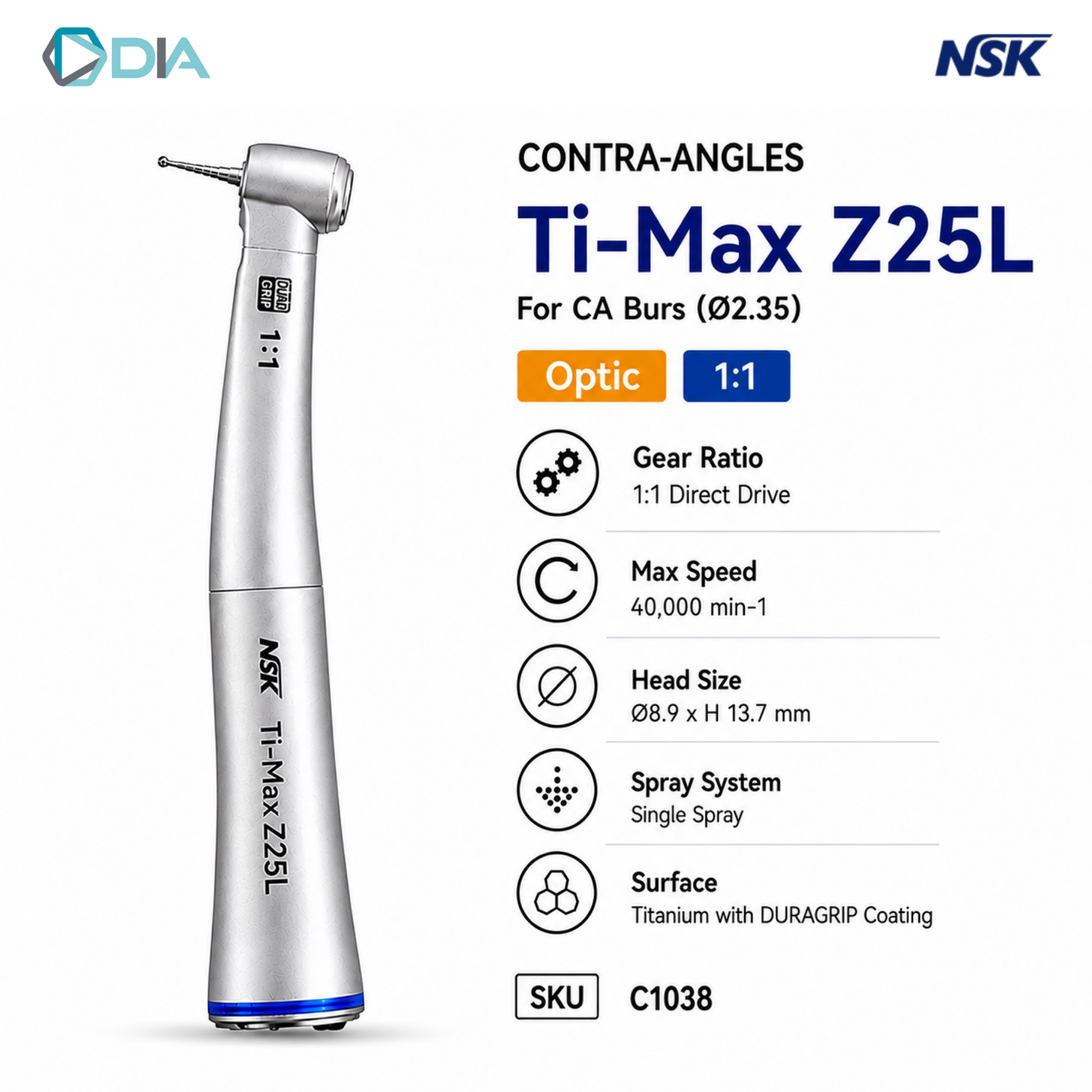 NSK Ti-Max Z25L Titanium Optic E Type Lux C/A H/piece 1:1 speed ratio For CA Bur