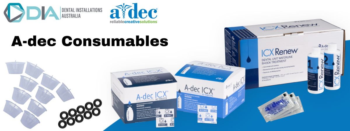 A promotional product graphic for A-dec Consumables showing various A-dec brand products including boxes of ICX Renew and ICX ICX, bottles, a packet of applicator pads, and gaskets against a blue and white background with the A-DIA and a-dec logos at the top.