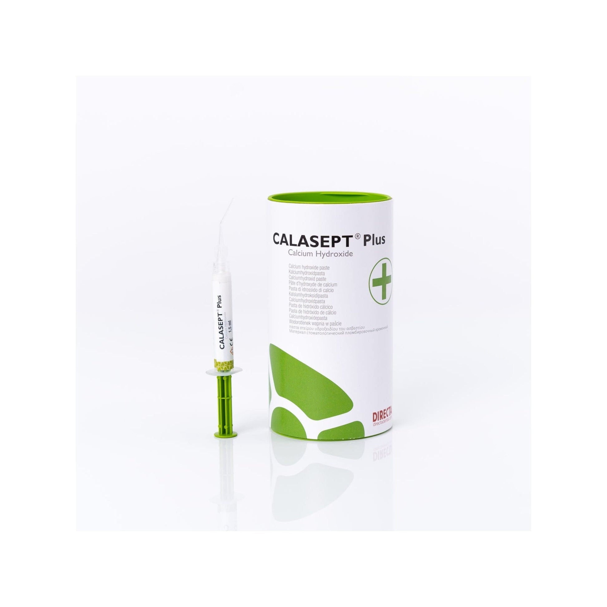 Directa Calasept Plus calcium hydroxide paste syringe and container for endodontic treatment