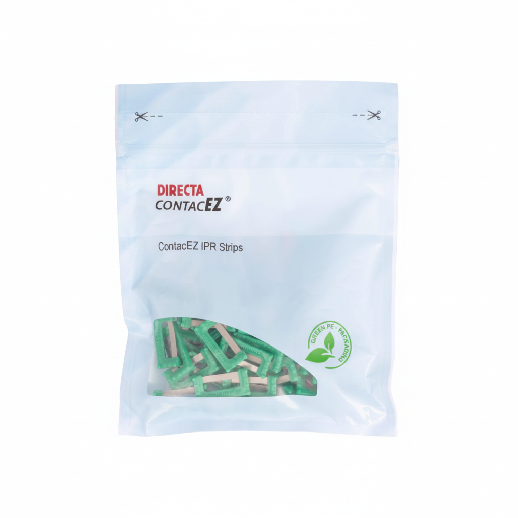 Directa ContacEZ IPR Strips on Green extra widener Flexible stainless steel dental strips with ergonomic design.
