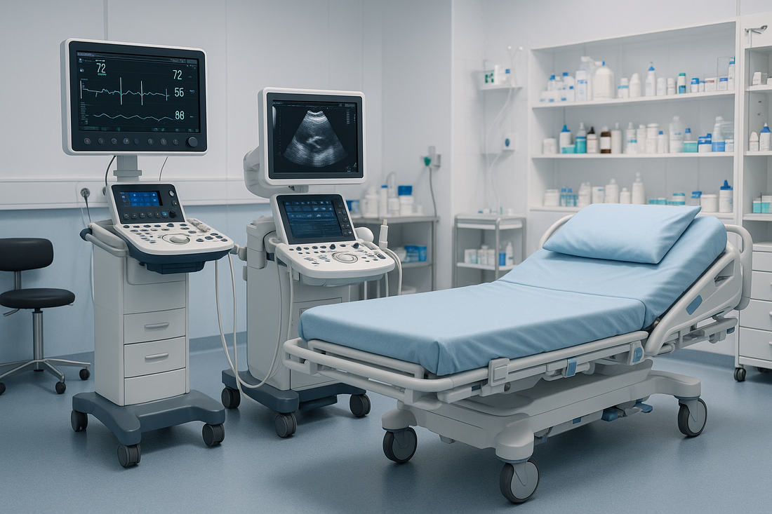 Modern hospital environment with advanced medical equipment — patient monitor, ultrasound machine, and hospital bed. Bright and sterile atmosphere, professional medical tools section and consumables  in background, blue and white tones, realistic detail.