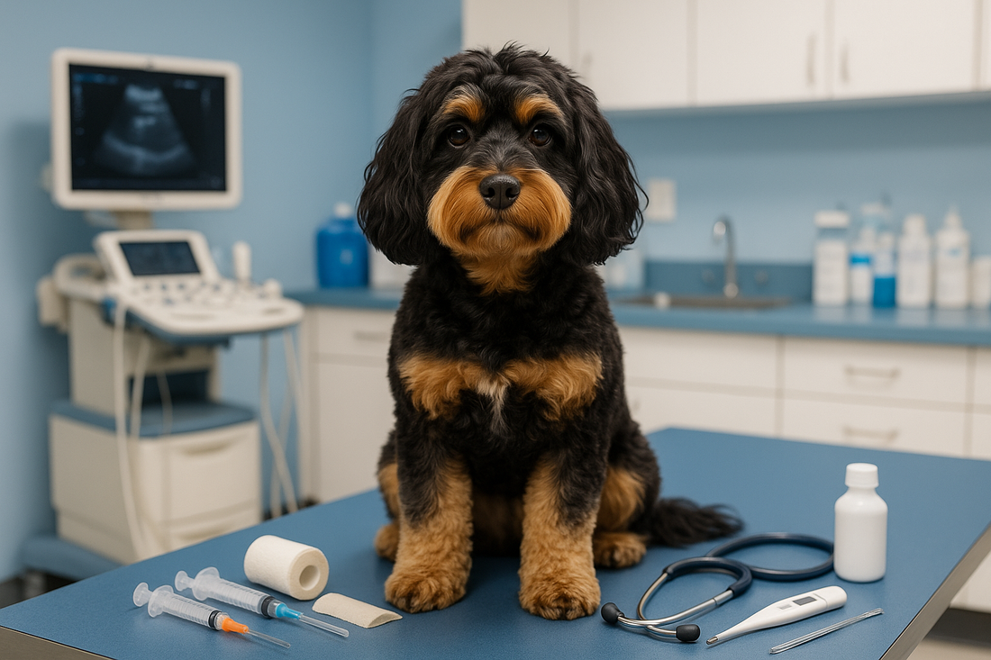 Veterinary clinic scene with  a black and golden borwn cavoodle using a lot of Veterinary equipment on the back group, including ultrasound and exam table with a lot of medeical consuable  for dog.  friendly environment, sense of care and professionalism within background, blue and white tones, realistic detail.