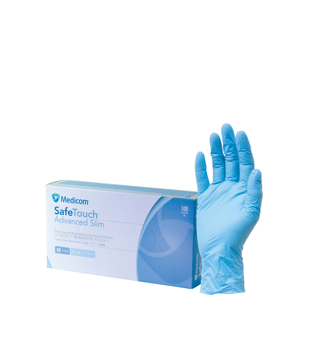 A box of Medcom SafeTouch Advanced Slim nitrile gloves alongside a single blue glove displayed in a worn position, emphasizing the product's ergonomic design and grip.